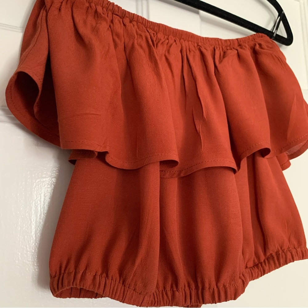 Rust off the shoulder flounce crop top